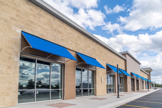stationary awnings on a commercial building